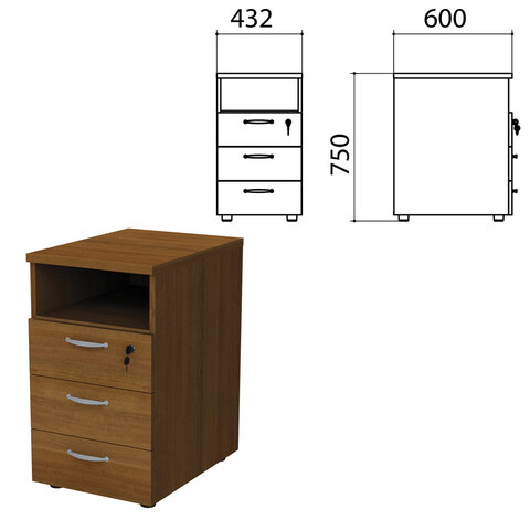 Тумба приставная "Этюд", 432х600х750 мм, 3 ящика, замок, полка, орех, 400065-190