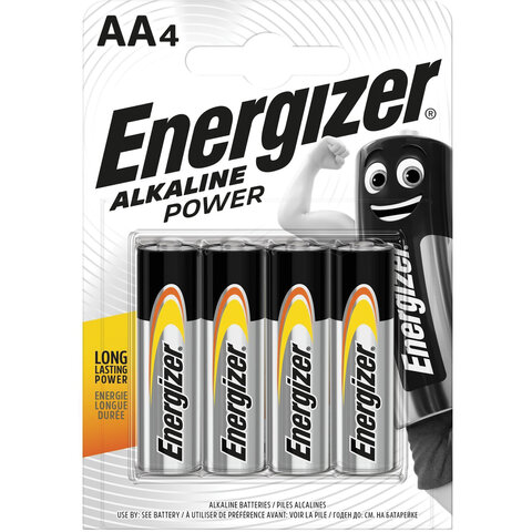 Батарейки КОМПЛЕКТ 4 шт., ENERGIZER Alkaline Power, AA (LR06, 15А), алкалиновые, пальчиковые, блистер, E300132908