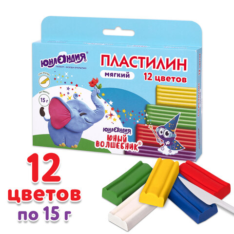 Пластилин мягкий ЮНЛАНДИЯ "ЮНЫЙ ВОЛШЕБНИК", 12 цветов 180 г, СО СТЕКОМ, ВЫСШЕЕ КАЧЕСТВО, европодвес, 106439