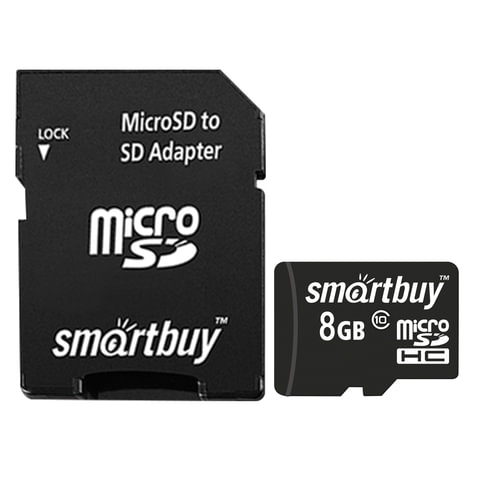 Карта памяти micro SDHC, 8 GB, SMARTBUY, 10 Мб/сек. (class 10), с адаптером, SB8GBSDCL10-01