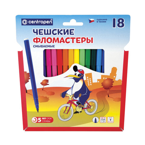 Фломастеры 18 ЦВЕТОВ CENTROPEN "Пингвины", смываемые, вентилируемый колпачок, 7790/18ET, 7 7790 1886