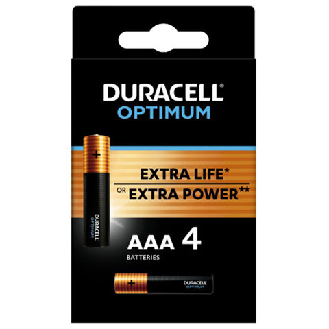 Батарейки КОМПЛЕКТ 4 шт., DURACELL Optimum, AAA (LR03, 24А), х30 мощность, алкалиновые, мизинчиковые, 5014062